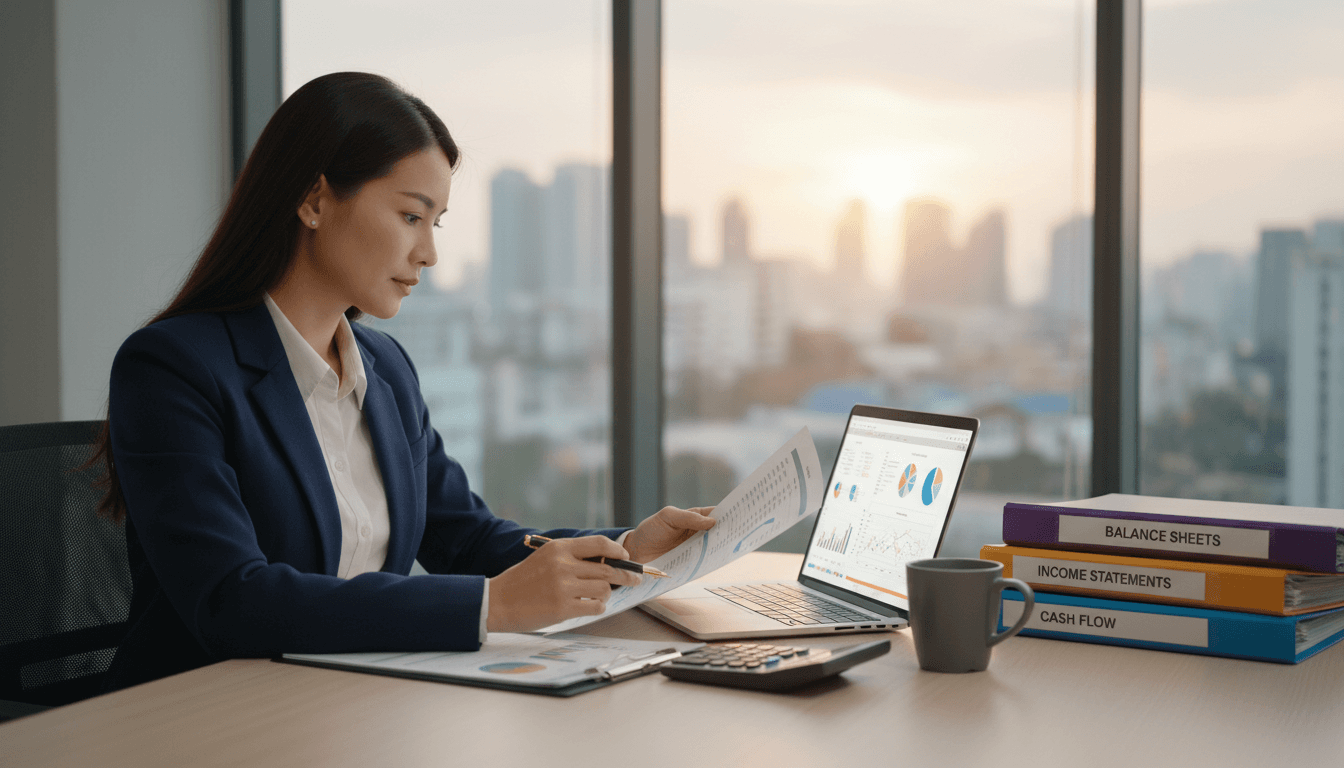 Accountant reviewing financial documents at desk with laptop