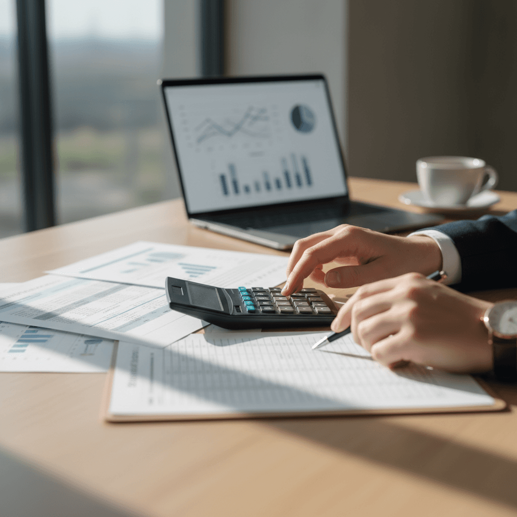 Accountant reviewing financial documents and tax filing materials